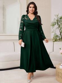 Modelyn 大码优雅派对纯色蕾丝拼接连衣裙 - 墨綠色 - 查看 6