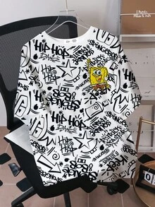 SpongeBob SquarePants | SHEIN Tween Boy Graphic Letter & Cartoon Print Round Neck Short Sleeve T-Shirt