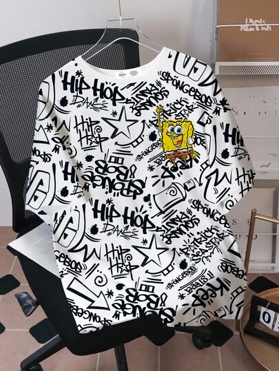 SpongeBob SquarePants | SHEIN Tween Boy Graphic Letter & Cartoon Print Round Neck Short Sleeve T-Shirt