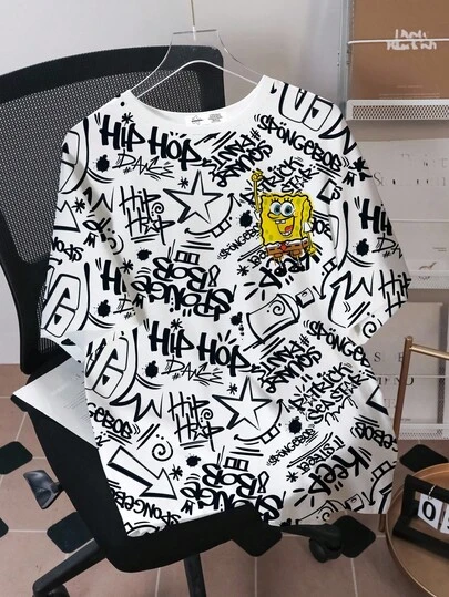 SpongeBob SquarePants | SHEIN T-shirt med rund hals och kort ärm, tween-pojke, grafiskt bokstäver- och tecknat tryck
