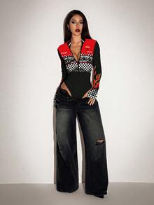 SHEIN ICON 女士时尚撞色格纹印花连体衣 - 黑色 - 查看 5