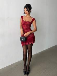 Aloruh Rochie de damă nouă, sexy, elegantă, fermecătoare, fierbinte, romantică, roșie, cu imprimeu floral din dantelă, cu volane, cu bretele spaghete, pentru întâlniri de Crăciun, petreceri sau ieșiri în oraș - roșu - Vizualizare 4