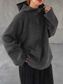 FRIFUL Women's Waffle Texture Fabric Half-Zip Hooded Loose Sweatshirt - Grey - View 5