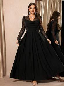 SHEIN Clasi 大码女式亮片网纱拼接长袖褶皱优雅连衣裙 - 黑色 - 查看 6