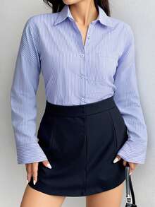 Franclia Camisa holgada de manga larga a rayas azules y blancas, de estilo casual de otoño para mujeres, elegante, de moda, casual, para ir a la oficina, diaria, de ocio, versátil, urbana, profesora, atuendo profesional - Azul - Ver 7