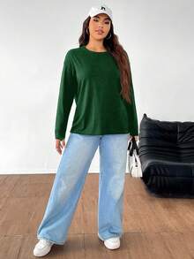 SHEIN EZwear 大码纯色简约日常圆领长袖T恤，橄榄绿 - 墨綠色 - 查看 6
