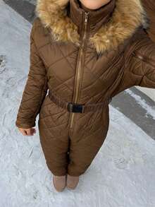 Muchica White Fuzzy Hat & Thick Jumpsuit For Women, Suitable For Playing In Snow In Autumn/Winter