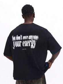 SUMWON Oversized Boxy Fit Cotton T-Shirt With Back Graphic Print Crew Neck Short Sleeves Casual Streetwear Top - Black - View 5