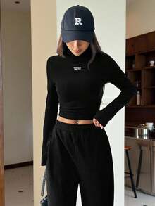 SHEIN EZwear 針織女士修身長袖t恤,印有字母圖案 - 黑色 - 查看 3