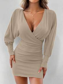 EURMUSE Vestido mini ajustado de unicolor con escote en V profundo y sexy - Beis - Ver 3