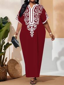 SHEIN Lady 大码V领印花优雅短袖连衣裙 - 酒紅色 - 查看 5