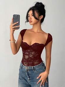 Aloruh Bộ đồ liền thân ren trơn màu gợi cảm thời trang dành cho nữ - Màu Đỏ Sâu - Xem 6