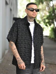 Devon Thys 男士黑色格紋襯衫，流蘇修飾，高端時尚的美式毛邊襯衫 - 黑色 - 查看 1