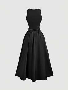 SHEIN MOD Váy không tay mùa hè màu trơn dành cho nữ kèm thắt lưng, trở lại trường - màu đen - Xem 2