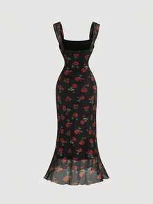 SHEIN MOD 复古碎花方领修身吊带长裙，夏季中长连衣裙，性感连衣裙，优雅连衣裙，飘逸连衣裙，舞会礼服 - 彩色 - 查看 2