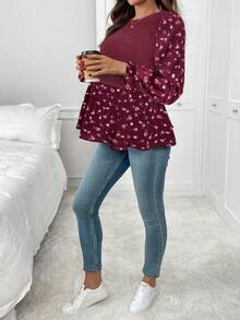 SHEIN Áo thun cho con bú cổ tròn tay dài họa tiết hoa chắp vá dành cho bà bầu - Màu Đỏ Sâu - Xem 4