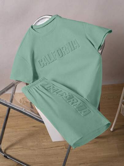 2pcs Teenage Boys' Turquoise Casual Vacation Fashion Sports Short Sleeve T-Shirt And Shorts Set, 3D Letter Print Minimalist Sports Outfit, Summer