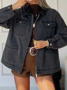 DAZY 女士宽松长袖翻领口袋休闲街头牛仔夹克，秋冬季Y2K - 灰色 - 查看 7