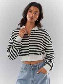 Glamine Chaqueta casual con cremallera de manga larga, cuello de béisbol elástico de punto en blanco y negro, adecuada para uso diario