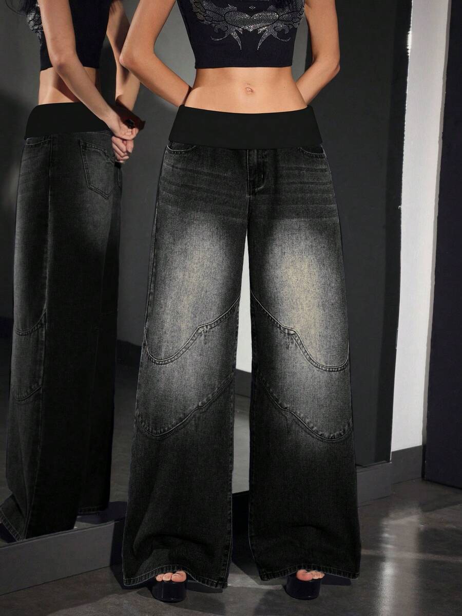 SHEIN PETITE Jeans anchos y sueltos de mujer con cintura de contraste, versátiles y casuales