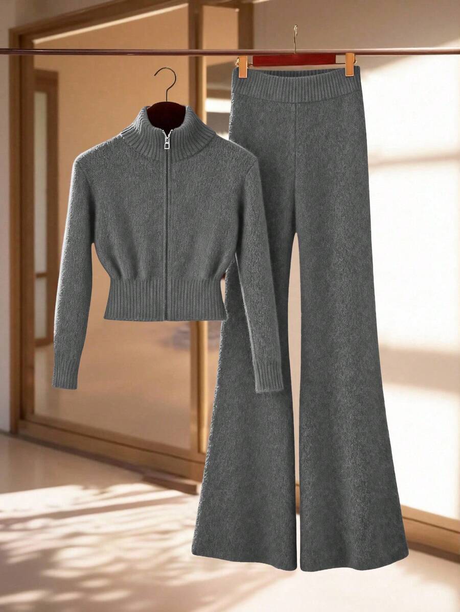 Franclia 女士优雅纯色罗纹高领修身长袖拉链上衣搭配弹力腰显瘦喇叭腿针织衫两件套，冬季 - 深灰色 - 查看 1
