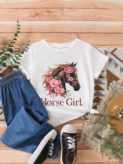 Horse Floral Design Short Sleeve Top, Comfortable Casual Festive Tee For Young Girl, Suitable For Spring/Summer, New Year, Christmas, Gifts