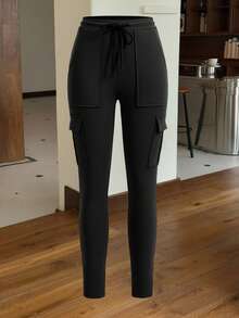 Muchica 黑色针织弹力女式紧身裤，女士春/秋休闲抽绳，口袋自然紧身七分黑色紧身女式裤子，休闲日常穿着