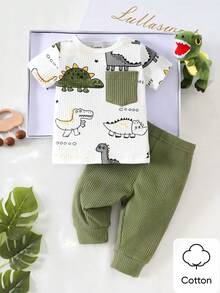 SHEIN 新生男宝宝白色条纹卡通恐龙图案拼接绿色口袋短袖上衣配绿色裤子两件套可爱休闲运动时尚新品 - 綠色 - 查看 2