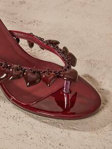 SHUZIA 女士爱心装饰日常女性派对可爱性感套脚高跟人字拖凉鞋 - 酒紅色 - 查看 5