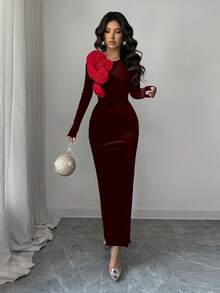 Rafferiza 女士秋冬圆领3D立体花卉丝绒修身收腰长裙，优雅适合假日、派对、圣诞晚宴 - 酒紅色 - 查看 3