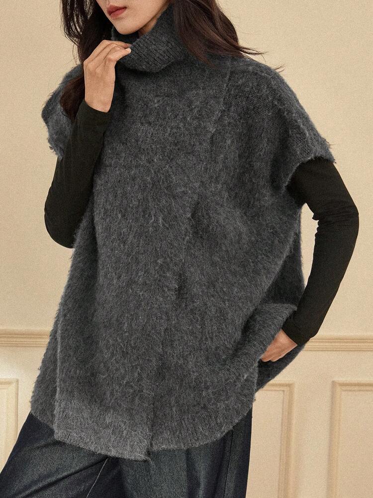 Women's Solid Color Turtleneck Batwing Short Sleeve Loose Casual Knit Top, Autumn/Winter