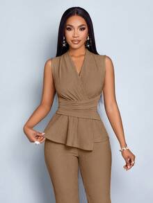 SOLERSUN Bộ đồ hai mảnh không tay dài tay cổ chữ V thanh lịch màu mơ cho nữ, quần ống rộng, viền bất đối xứng, thường ngày, mùa xuân và mùa hè, không tay, tay ngắn - màu nâu - Xem 8