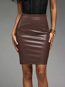 Hauture Women's Solid Color High Waist PU Leather Fashionable Bodycon Skirt - Brown - View 2
