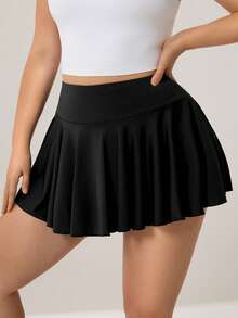 Auralis 运动休闲加大码女式高腰褶裥黑色运动短裙网球裙健身运动服，适合身材丰满的女性 - 黑色 - 查看 1