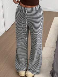 SHEIN EZwear 女士灰色条纹针织阔腿长裤 - 灰色 - 查看 4