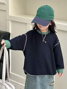 DAZY Áo thun dài tay cổ tròn phối màu dành cho bé gái, thích hợp cho mùa thu. - Màu xanh hải quân - Xem 4