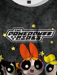 THE POWERPUFF GIRLS X SHEIN 女式休闲时尚街头风格可爱花朵、泡泡、毛茛图案水洗宽松 T 恤，夏季 - 白色 - 查看 3