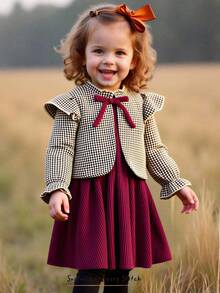 Cozy Pixies 2pcs Baby Girl Solid Color Round Neck Sleeveless Waist Dress & Long Sleeve Bow Decor Cardigan Set, Comfortable Versatile Fashionable Casual Minimalist Style, Suitable For Indoor, Outdoor Leisure, Skiing, Back To School, Daily Wear, Sports, Play, Party, Autumn/Winter Season Toddler Winter Dresses Fall Clothes For Girls Burgundy Baby Girl Dress Baby Girl Fall Clothes Jackets - Multicolor - View 3
