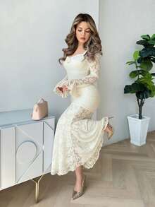 Jemour Đầm đuôi cá in hoa dệt kim Jacquard lãng mạn cổ điển dành cho nữ, Đầm mùa hè, Đầm tiệc trà Quần áo mùa xuân - Màu be - Xem 6