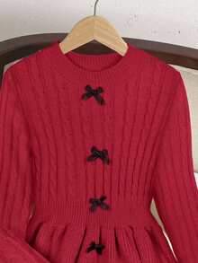 SHEIN 少女优雅圆领修身针织中长连衣裙，正面饰有撞色蝴蝶结，适合冬季穿着；纯红色长袖针织连衣裙 - 紅色 - 查看 13