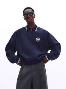 SUMWON 宽松版型四分之一拉链 Polo 衫，领口和袖口饰有滚边细节，休闲日常上衣，纯色 - 藏蓝色 - 查看 1