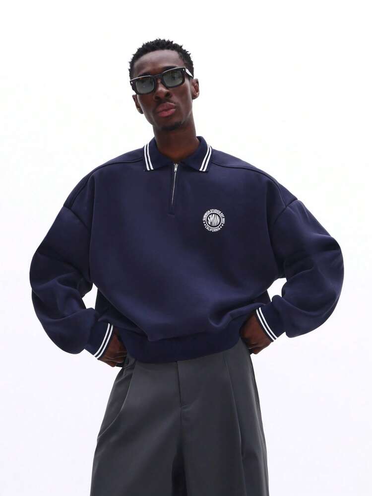 SUMWON Boxy Fit Quarter Zip Polo Shirt With Collar And Sleeve Cuff Tipping Detail Casual Everyday Top Plain