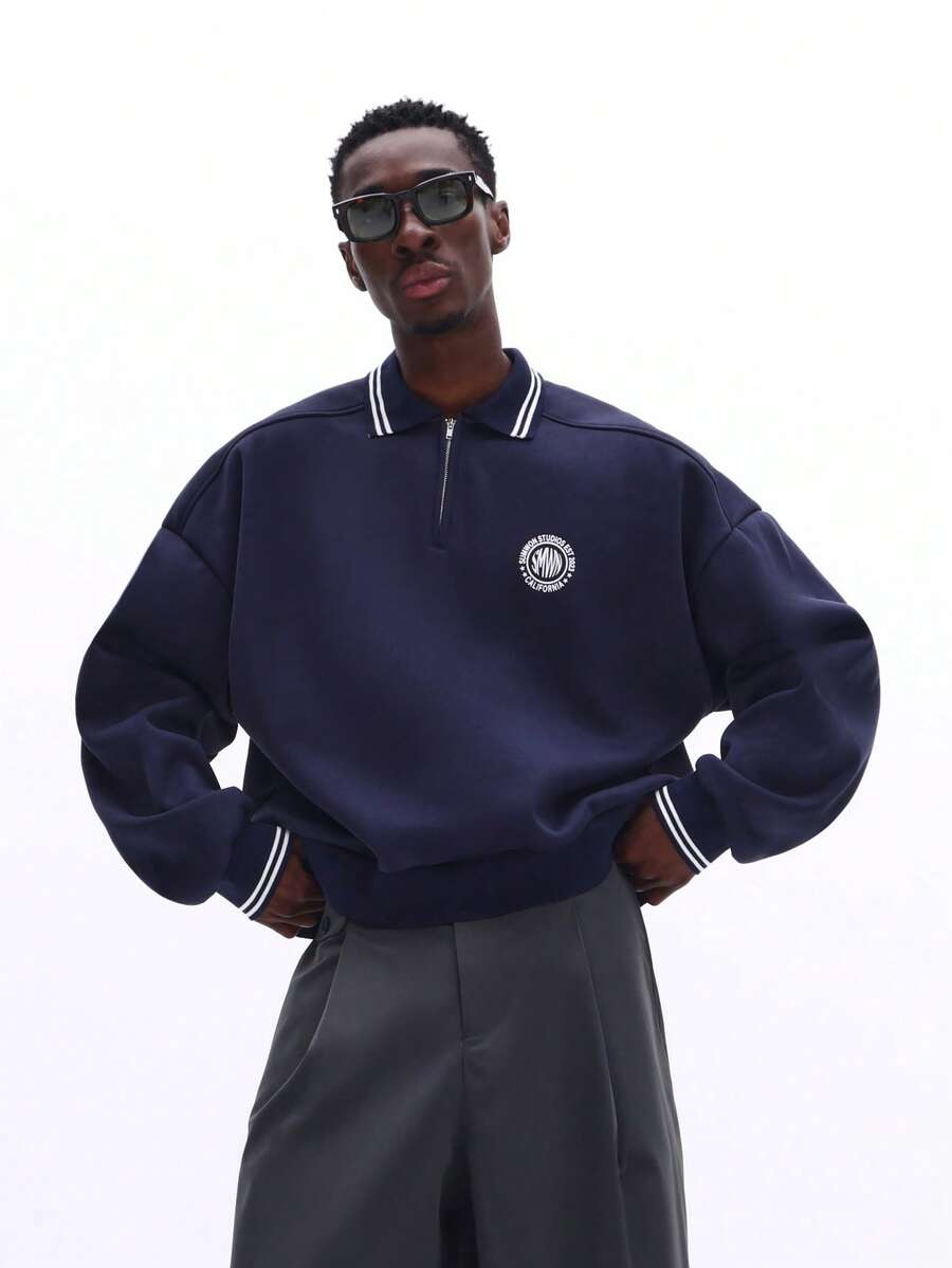 SUMWON 宽松版型四分之一拉链 Polo 衫，领口和袖口饰有滚边细节，休闲日常上衣，纯色 - 藏蓝色 - 查看 1