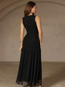 Chiquease 优雅派对度假连衣裙，黑色水钻网纱拼接A字修身连衣裙，无袖，后背隐形拉链。 - 黑色 - 查看 4