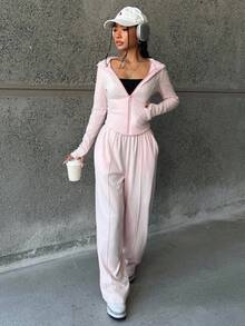 SHEIN 2 件套青少年女孩粉色修身套头连帽衫 + 长款连帽衫休闲时尚百搭服装 - 粉色 - 查看 5