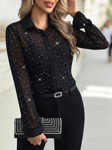 Editum 女士长袖闪亮亮片弹力黑色透明优雅日常穿着衬衫，春夏 - 黑色 - 查看 7