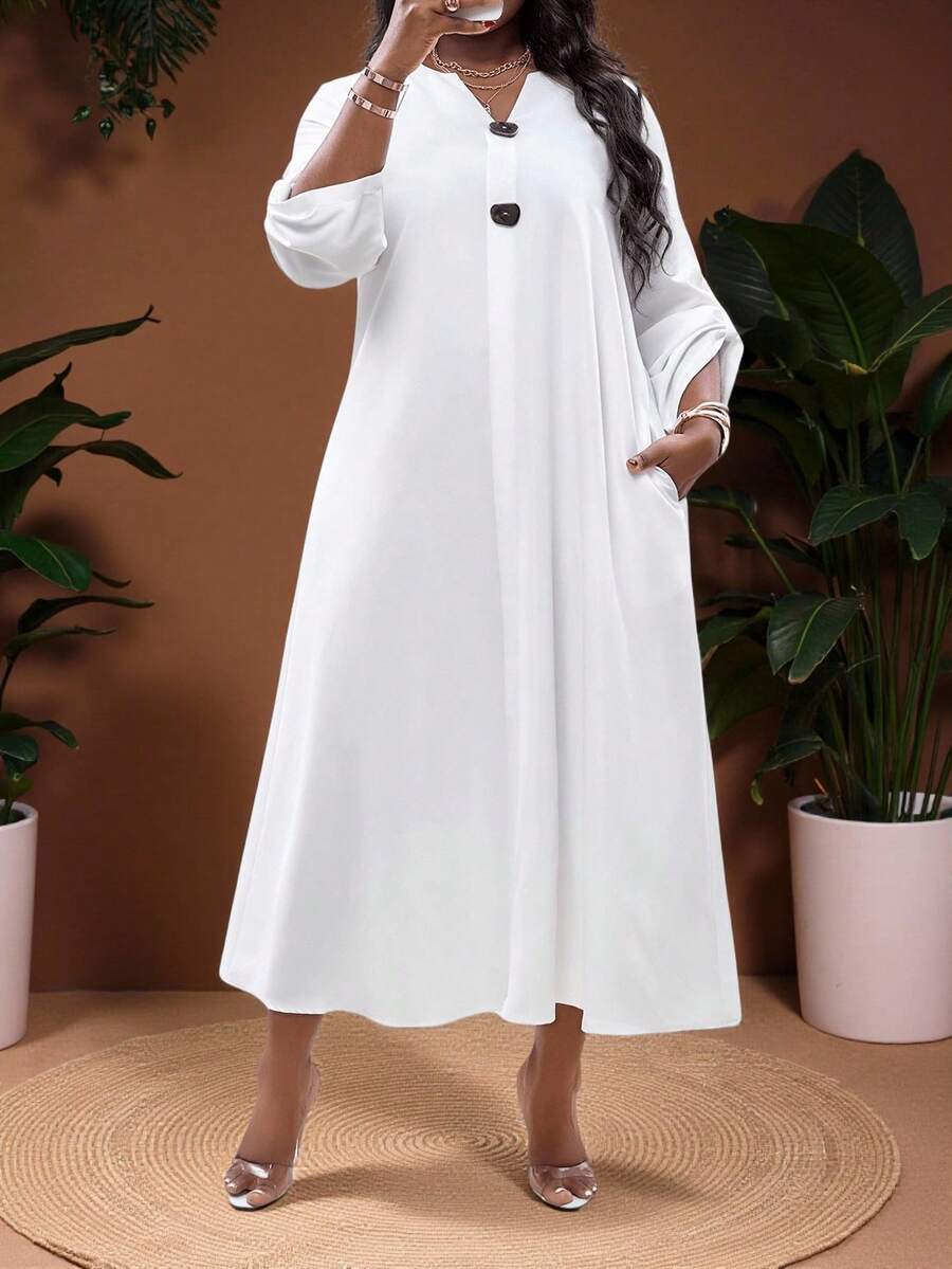 Veslaya Áo sơ mi ngắn tay màu trắng đa năng, dễ phối đồ, kiểu dáng casual đi biển, có túi và đầm dài đến đầu gối. - trắng - Xem 1