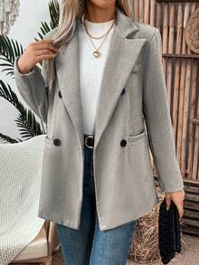 EMERY ROSE Women's Herringbone Turn Collar Double-Breasted Suit Jacket - Grey - View 5