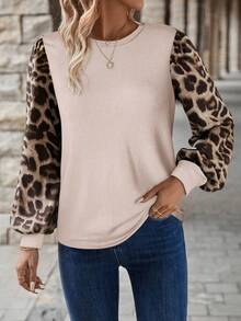 SHEIN LUNE Áo thun tay dài cổ tròn tay bồng họa tiết da báo màu tương phản cho kỳ nghỉ thường ngày, Xuân/Hè - Màu be - Xem 5