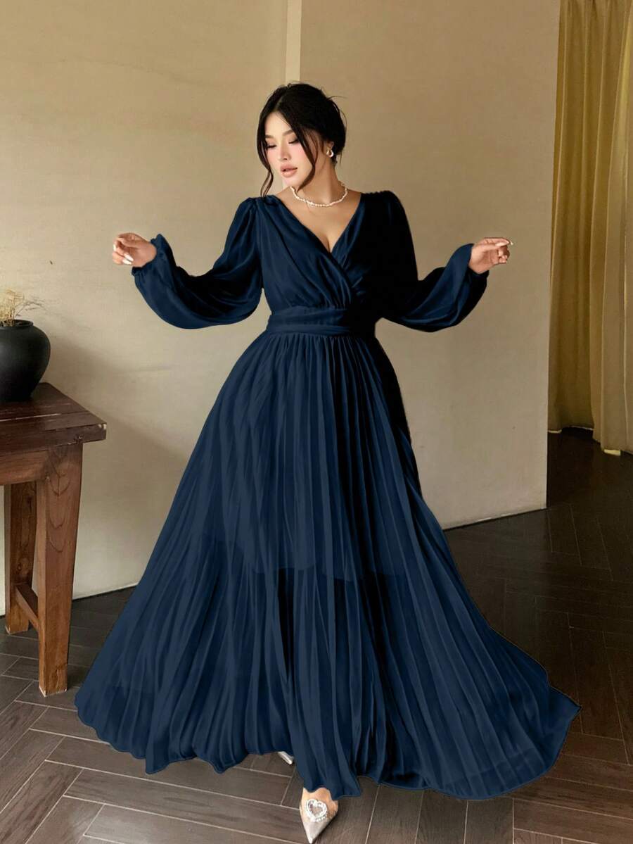 Vibekara Romantic V-Neck Backless Long Sleeve Dress, Flowy Elegant Greek Style White Goddess Gown - Navy Blue - View 1